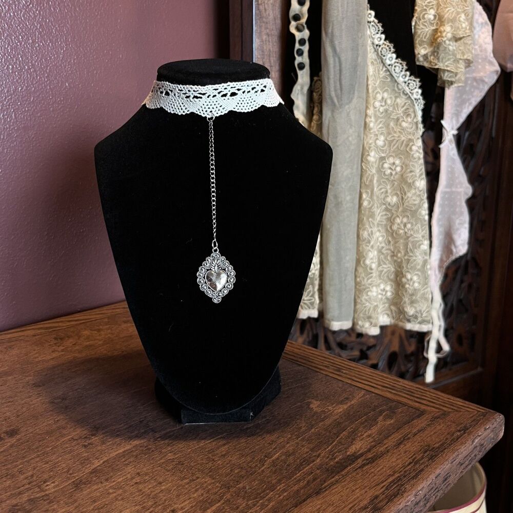 Stainless Steel Silver Sacred Heart Drop Choker Antique-Style Lace Whimsygoth